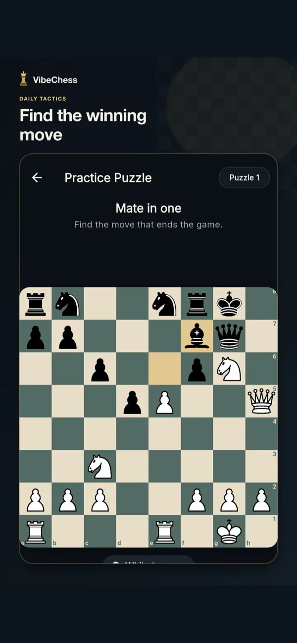 VibeChess practice screen with an adaptive mate-in-one puzzle