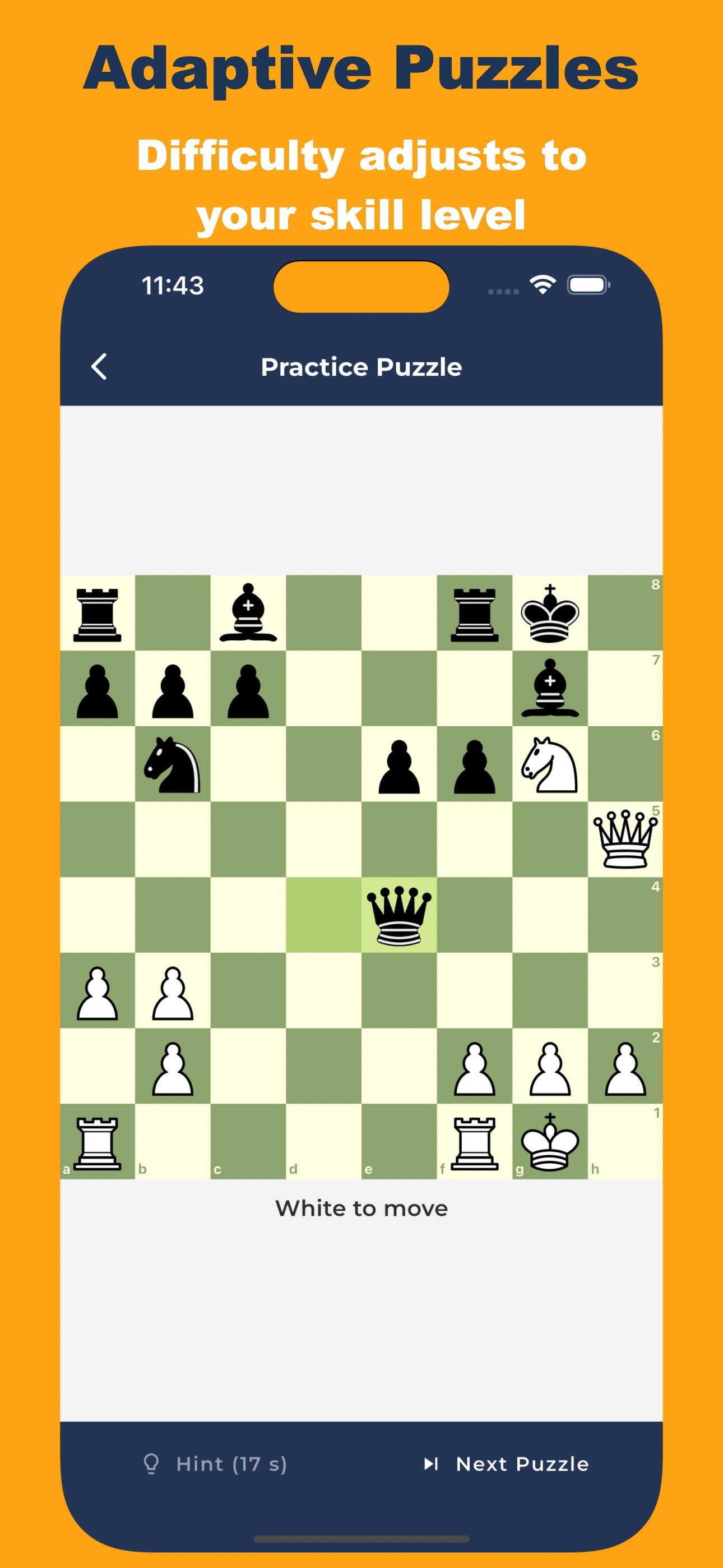 VibeChess adaptive puzzle screen showing a mate-in-one position